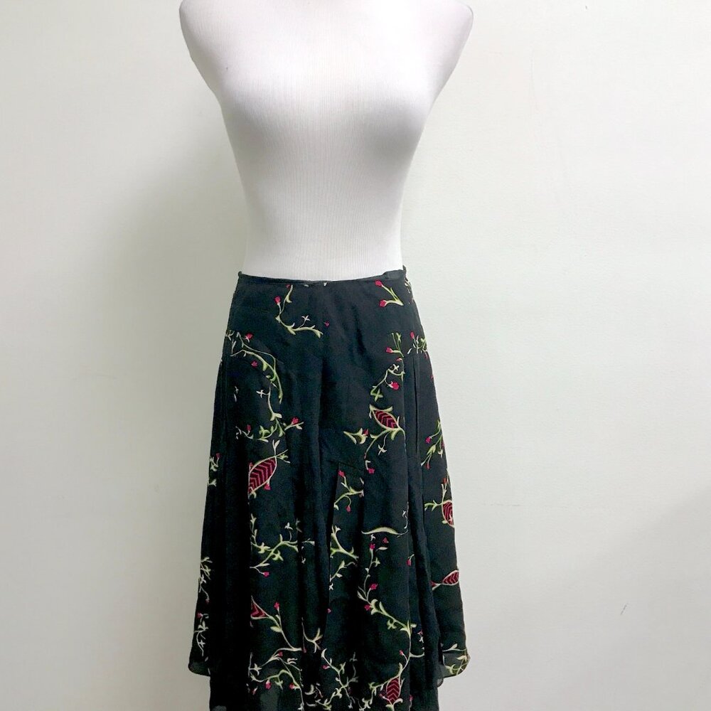 Temperly London black pink floral full SILK midi skirt sheer insets uk8 4